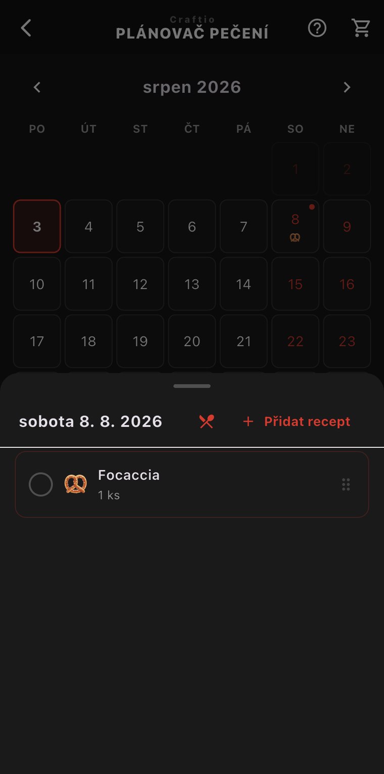 Plánovač pečení v aplikaci Craftio – naplánovaná Focaccia na sobotu 8. 8.
