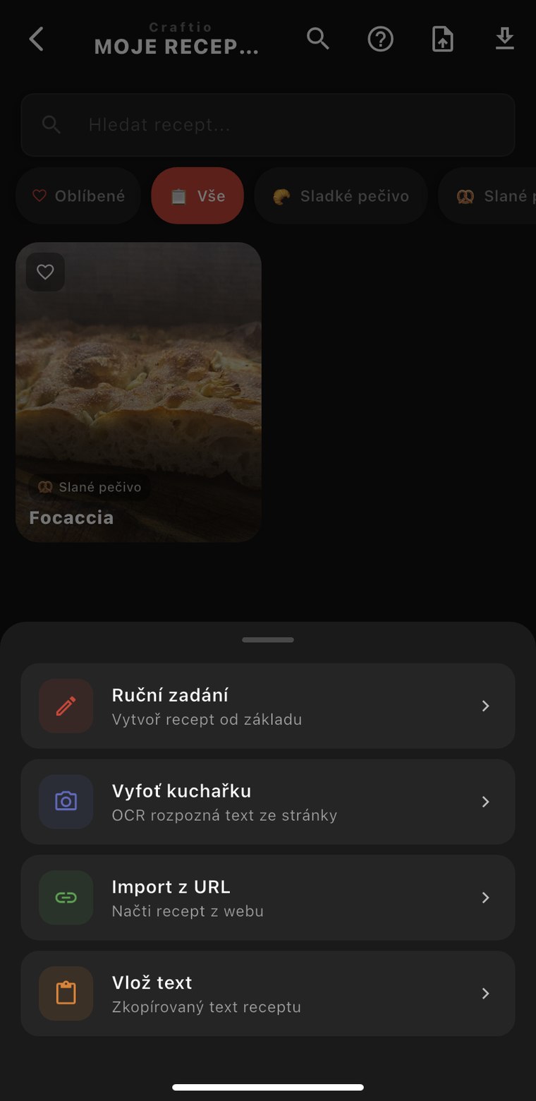 Možnosti importu receptu v aplikaci Craftio – ruční zadání, foto kuchařky (OCR), import z URL, vložený text