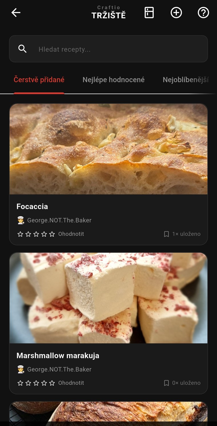 Tržiště receptů v aplikaci Craftio – procházení a ukládání receptů od ostatních uživatelů