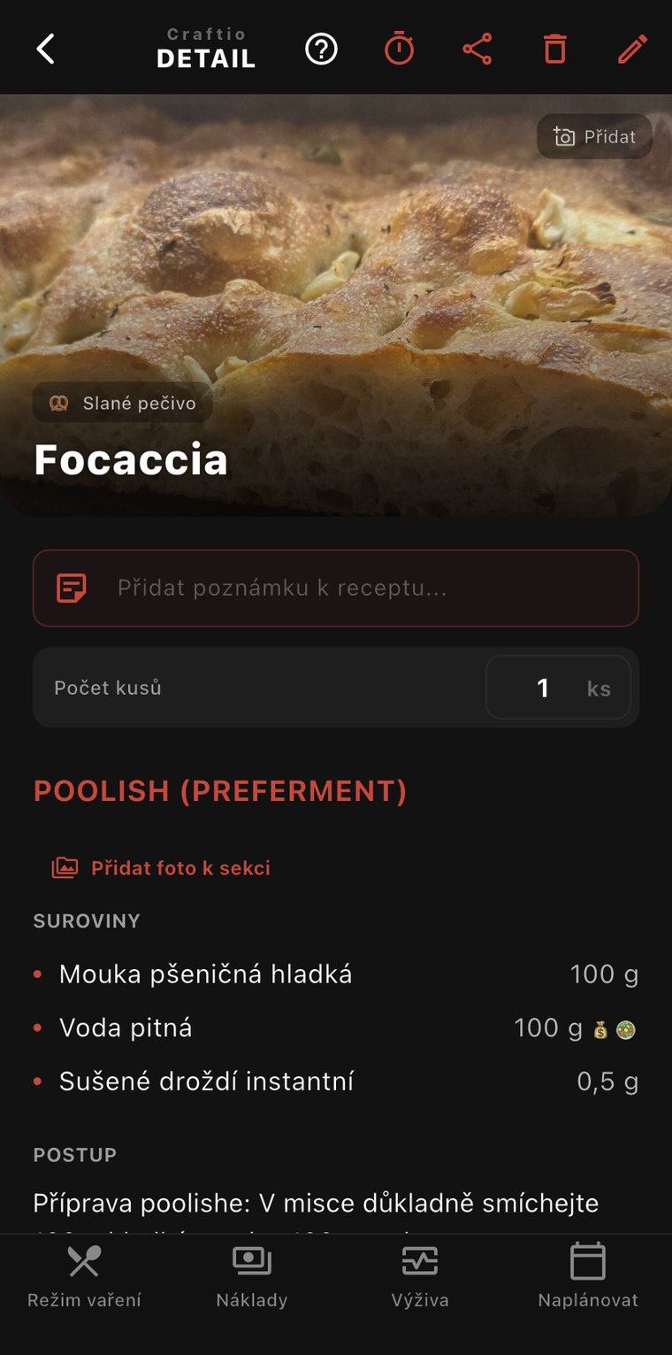 Detail receptu Focaccia v aplikaci Craftio – fotka, suroviny a počet kusů