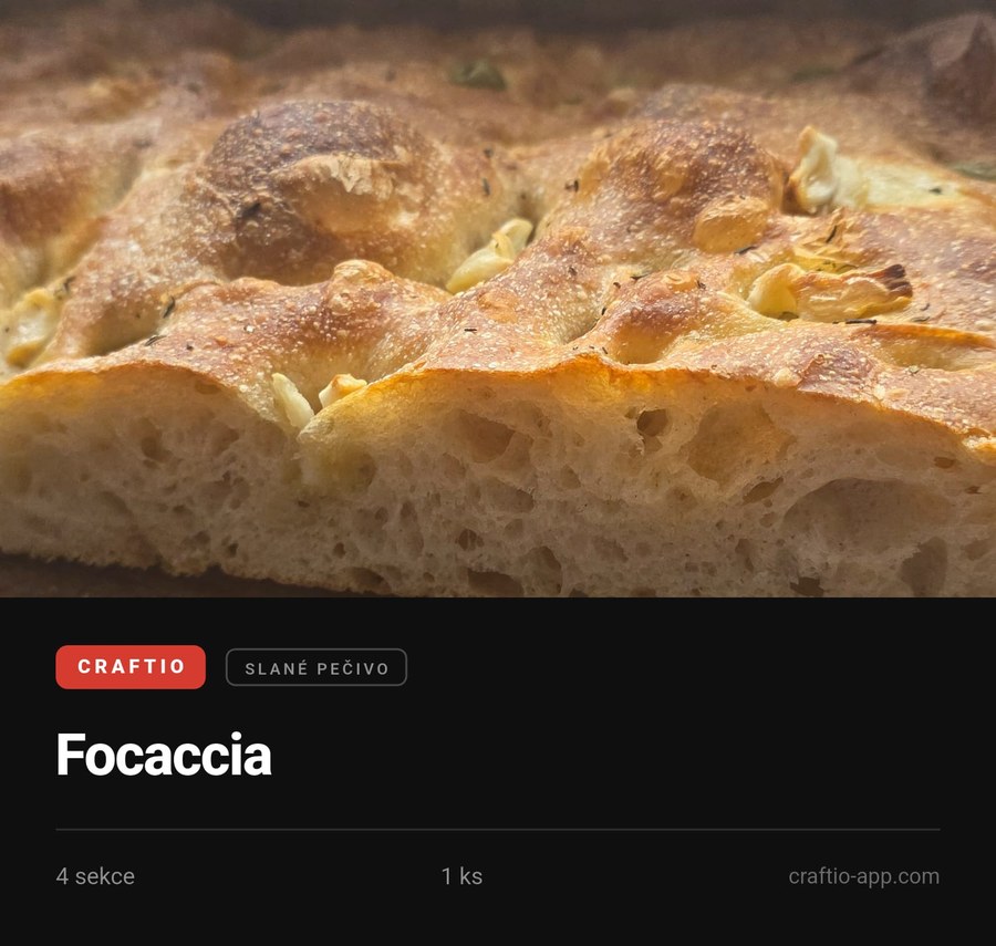 Sdílecí karta receptu Focaccia vygenerovaná v aplikaci Craftio