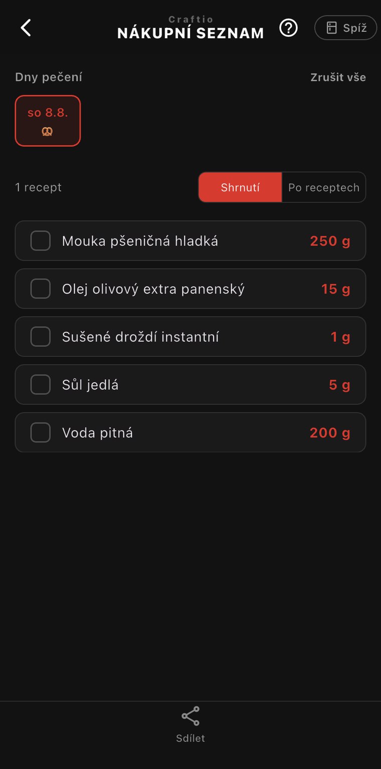 Nákupní seznam vygenerovaný z naplánovaného receptu v aplikaci Craftio